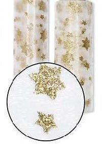Organza Tischläufer Glitter CREME-GOLD 15567 Sterne Breite:30cm L=5Meter